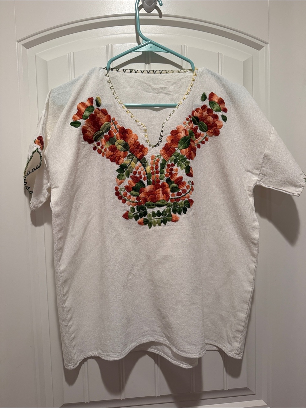 Beautiful hand made Embroidered linen Blouse with Orange Floral Yoke